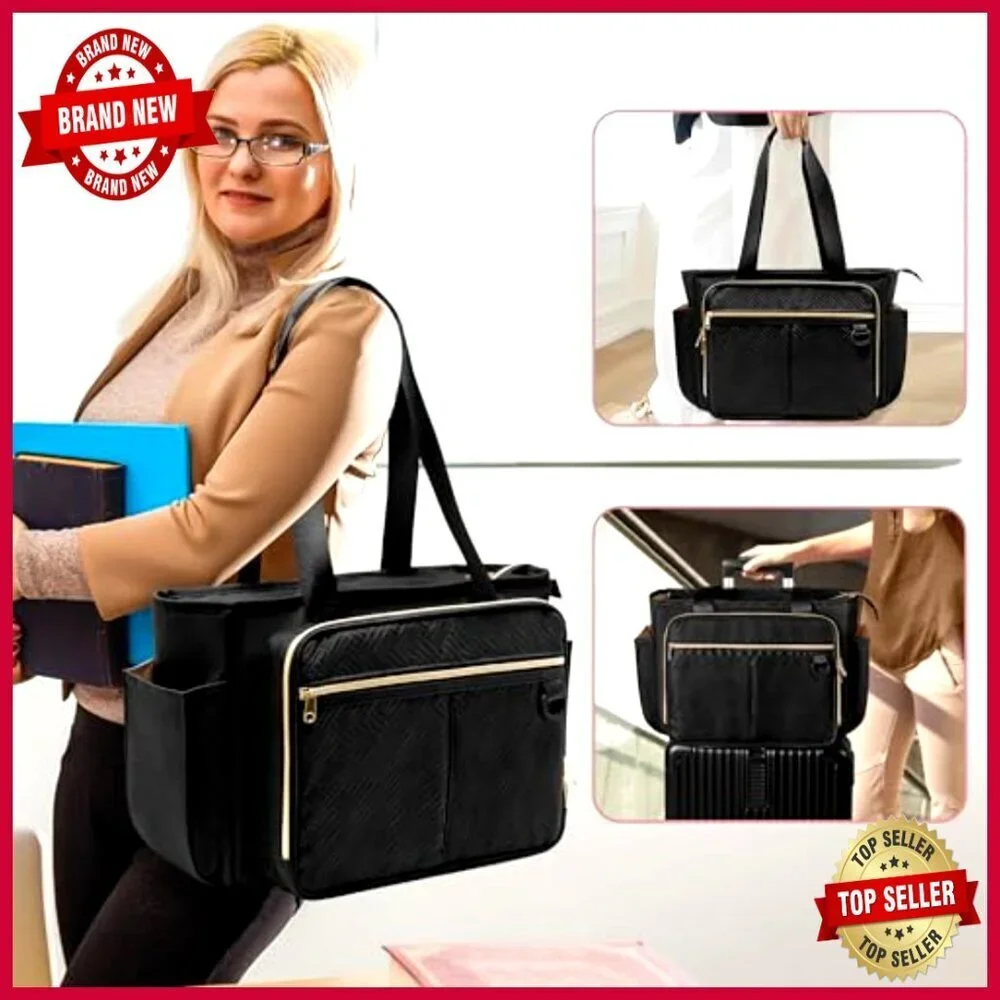 Large Teacher Tote Bag with File Organizer Pockets, Laptop Sleeve, Nylon